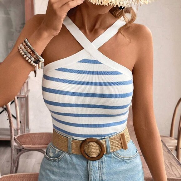 Blue Casual Women's Striped Print Halter Top Knitwear - Picture 1 of 4